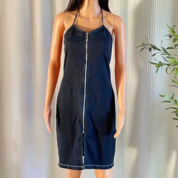 Vintage Y2K 2000s Girly Girl Denim Halter Dress Zip Front Bodycon Midi Size L - Picture 2 of 8
